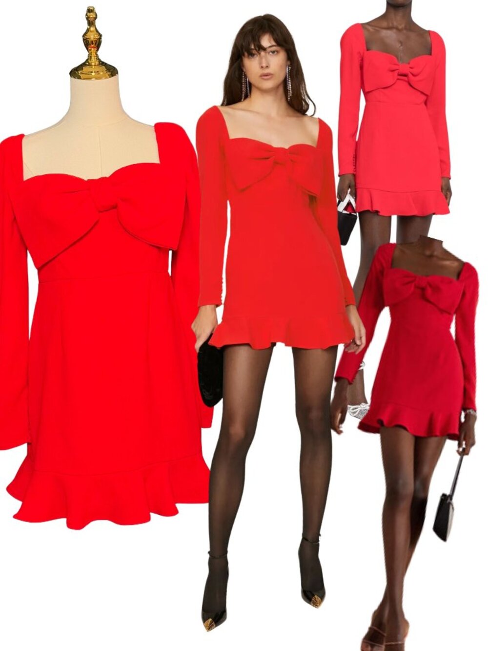 🆕 SELF-PORTRAIT 🧿 NWOT Red Crepe Bow Long Sleeve Mini Dress, Sz UK 14 US 10